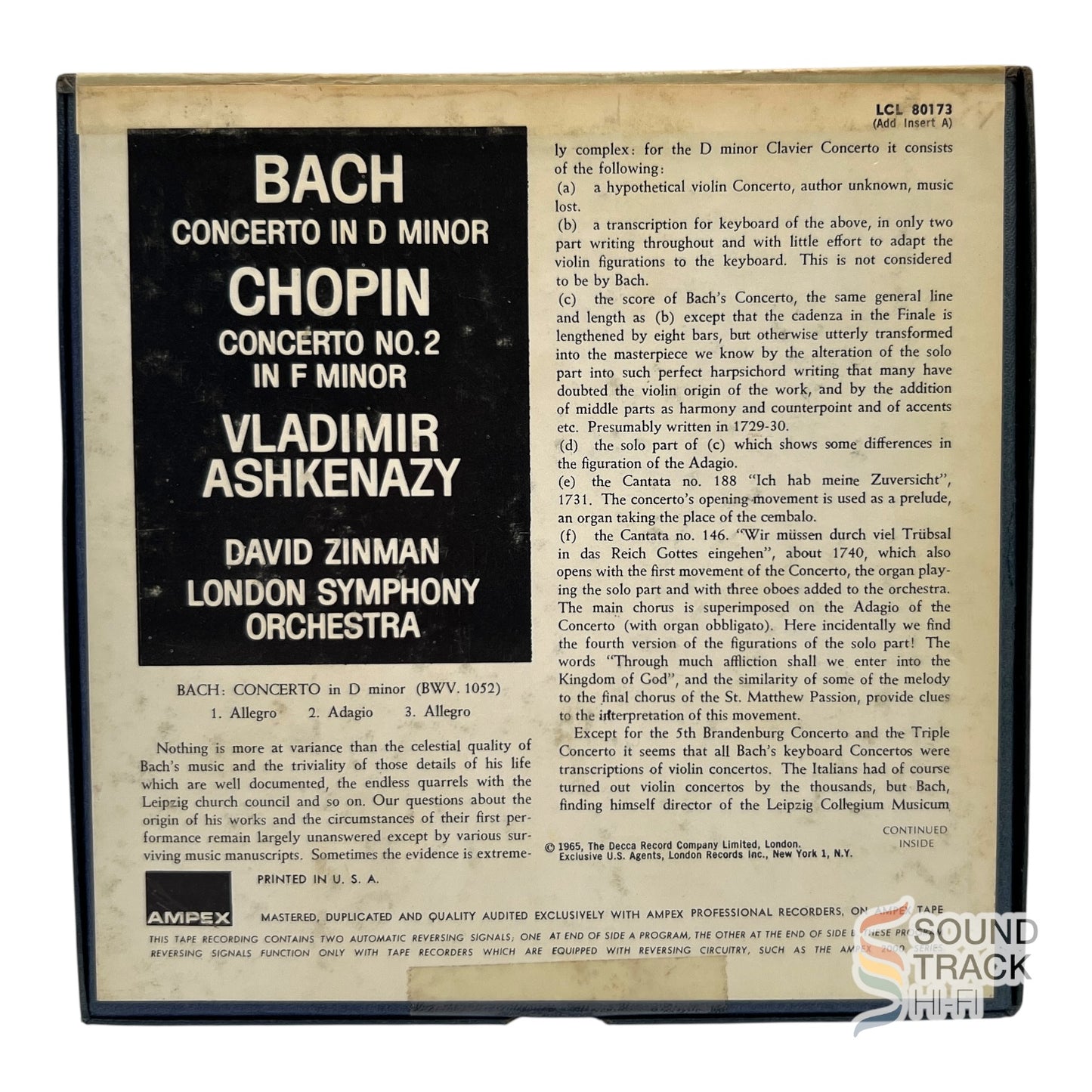 Bach Concerto In D Minor Chopin Concerto 2 Ashkenazy 7 1/2 IPS Reel Tape London