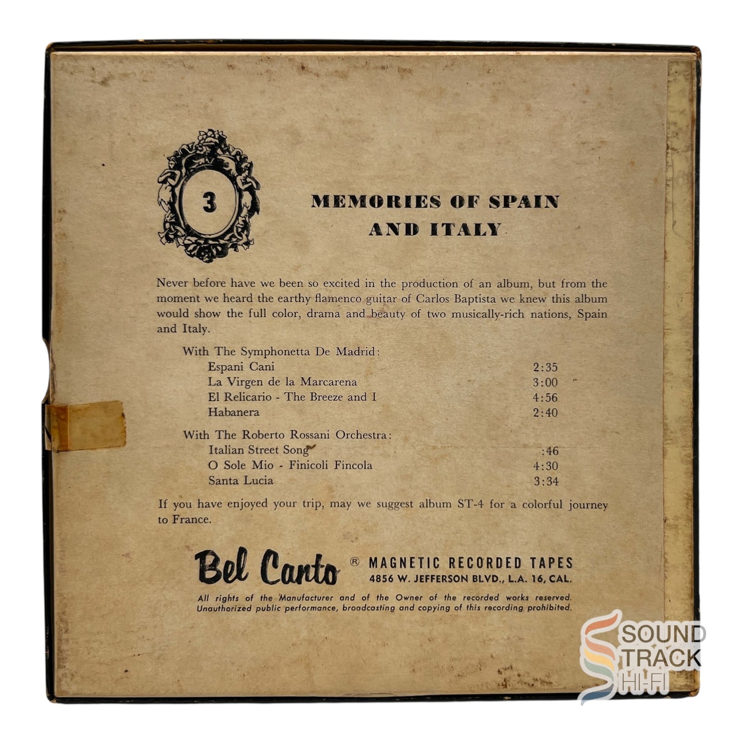 Memories Of Spain and Italy Carlos Baptista 2 Track 7.5 IPS Reel Tape Bel Canto