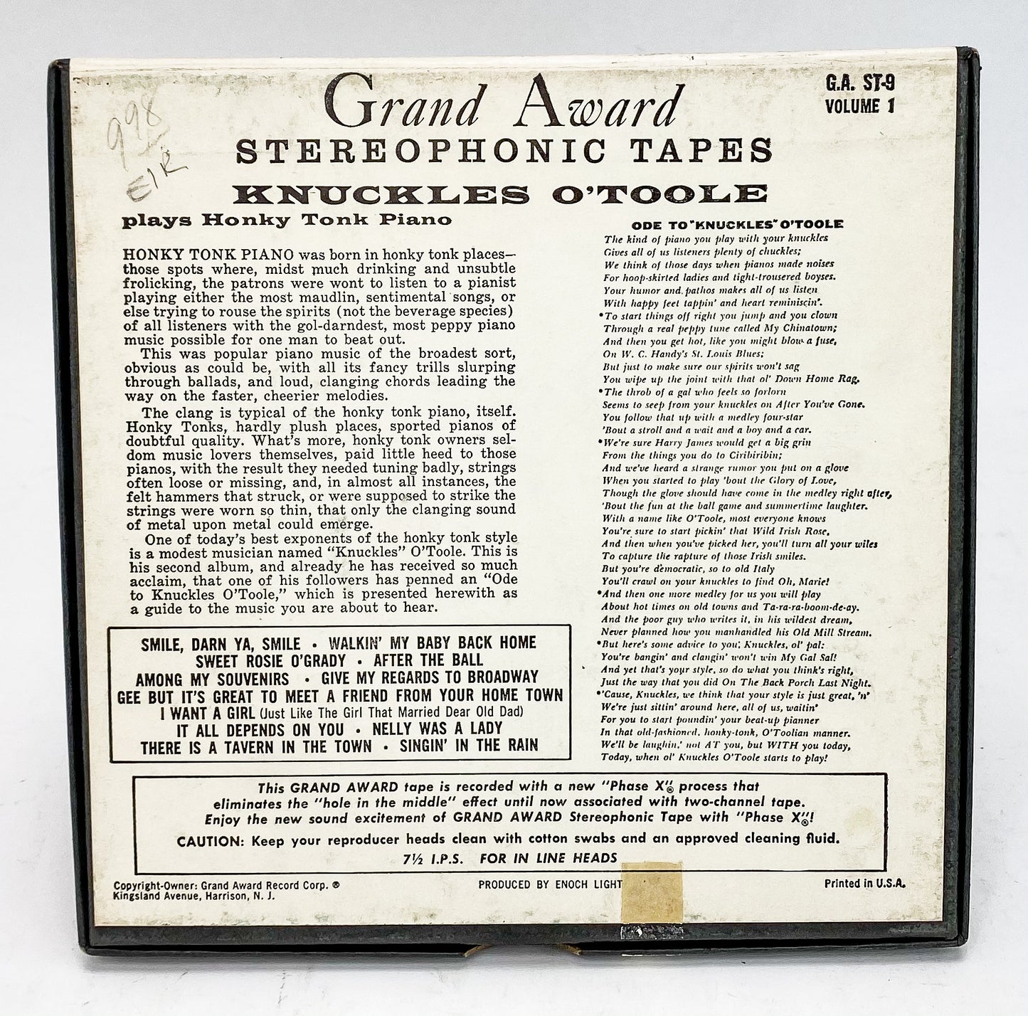 Honky Tonk Piano Knuckles O'Toole Reel to Reel Tape 7.5 IPS Grand Award 2 Track