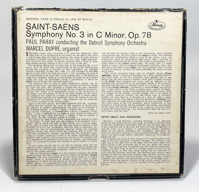 Saint-Saens Symphony No. 3 Paul Paray Dupre Reel to Reel Tape 7 1/2 IPS Mercury