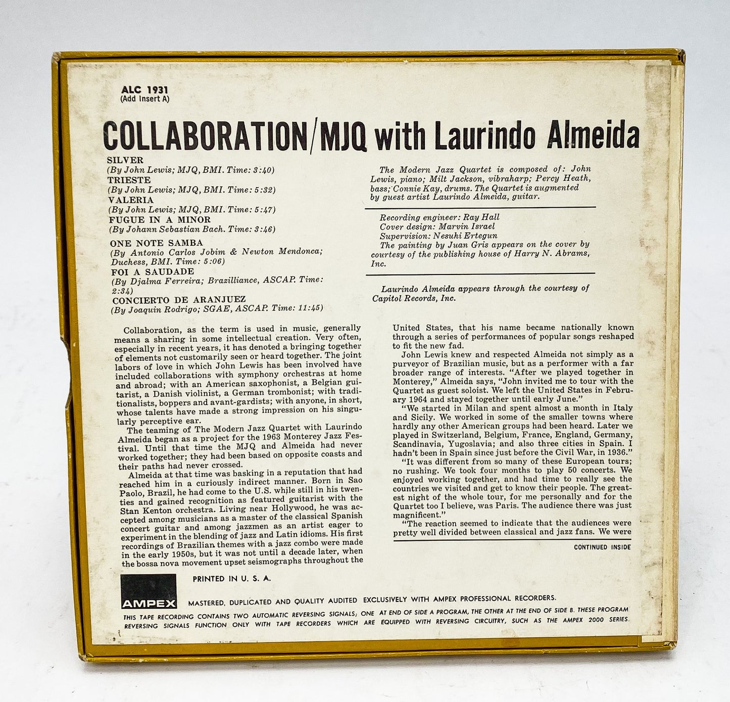 Collaboration Modern Jazz Quartet And Almeida Reel to Reel Tape 7.5 IPS Atlantic