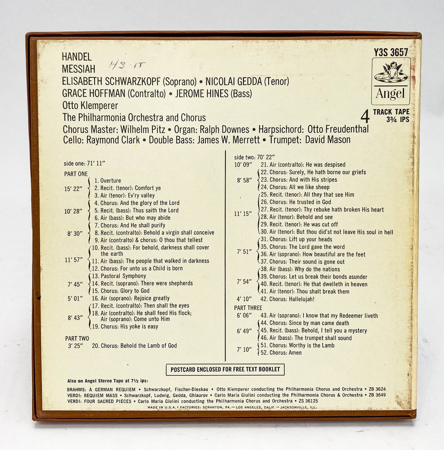 Handel Messiah Hines Gedda Hoffman Klemperer Reel to Reel Tape 3 3/4 IPS Angel
