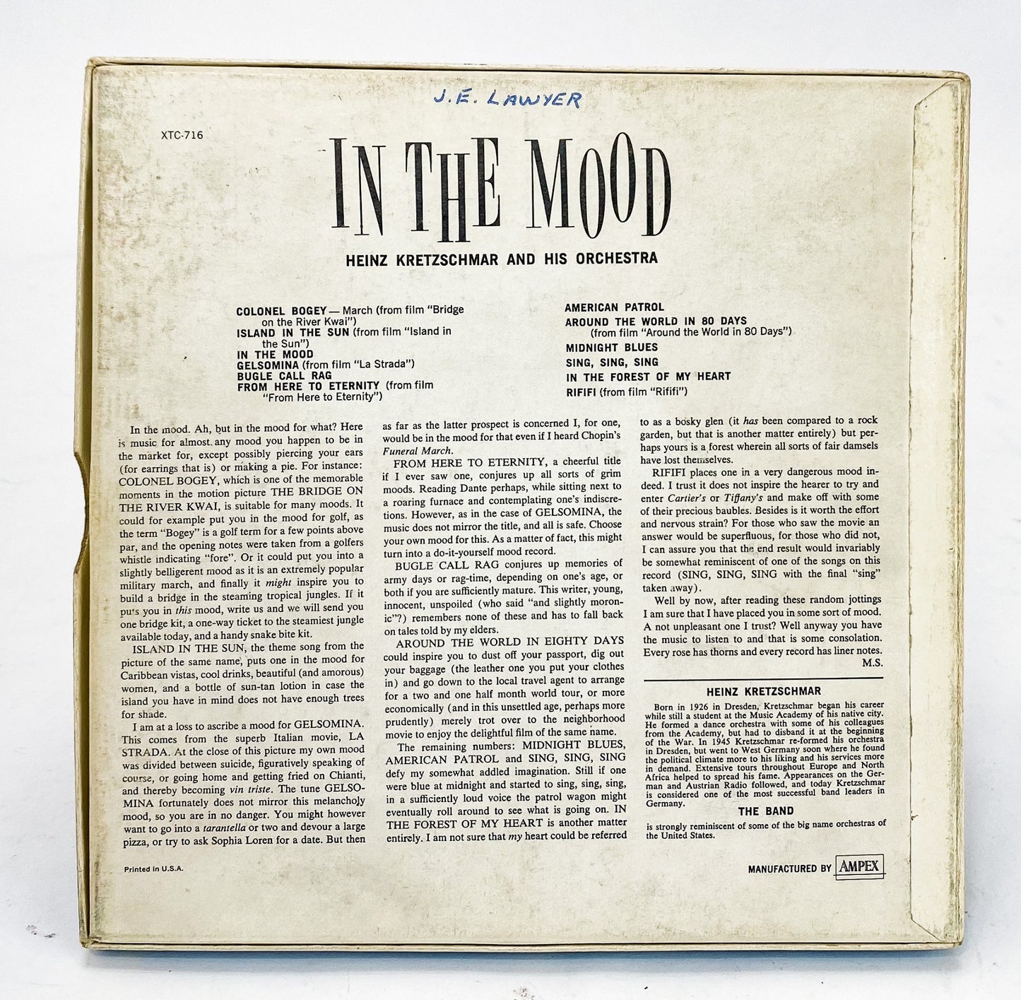 Heinz Kretzschmar In The Mood Reel to Reel Tape 7 1/2 IPS Vox Ampex