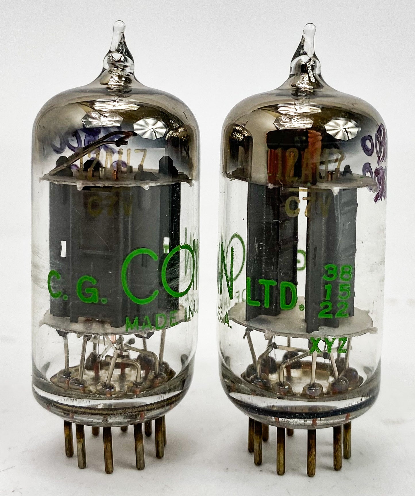 Conn 12AU7A Ribbed Grey Plate Top Angled D Getter Balanced and Matched Tubes