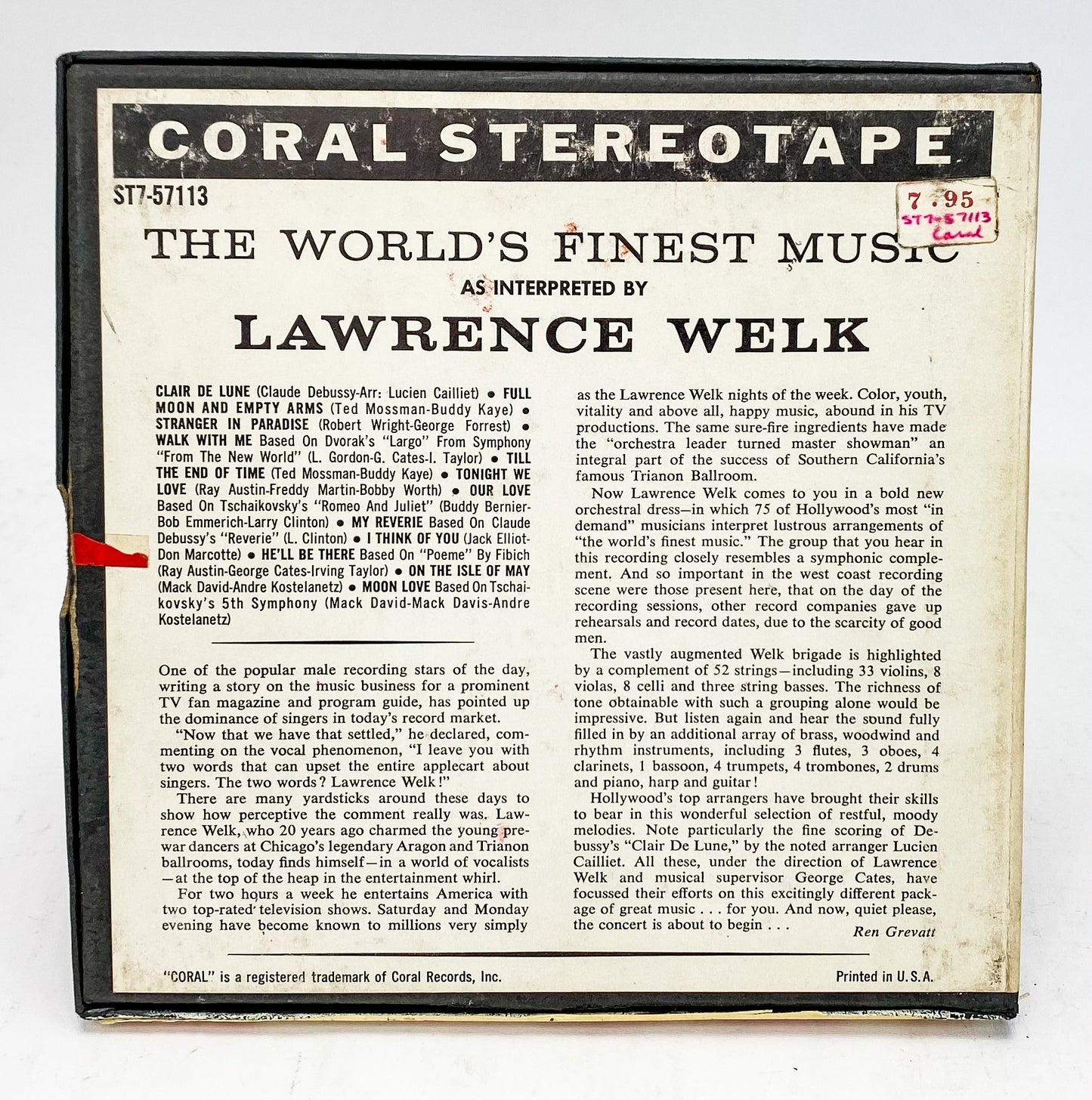 The World's Finest Music Lawrence Welk Reel to Reel Tape 7 1/2 IPS Coral