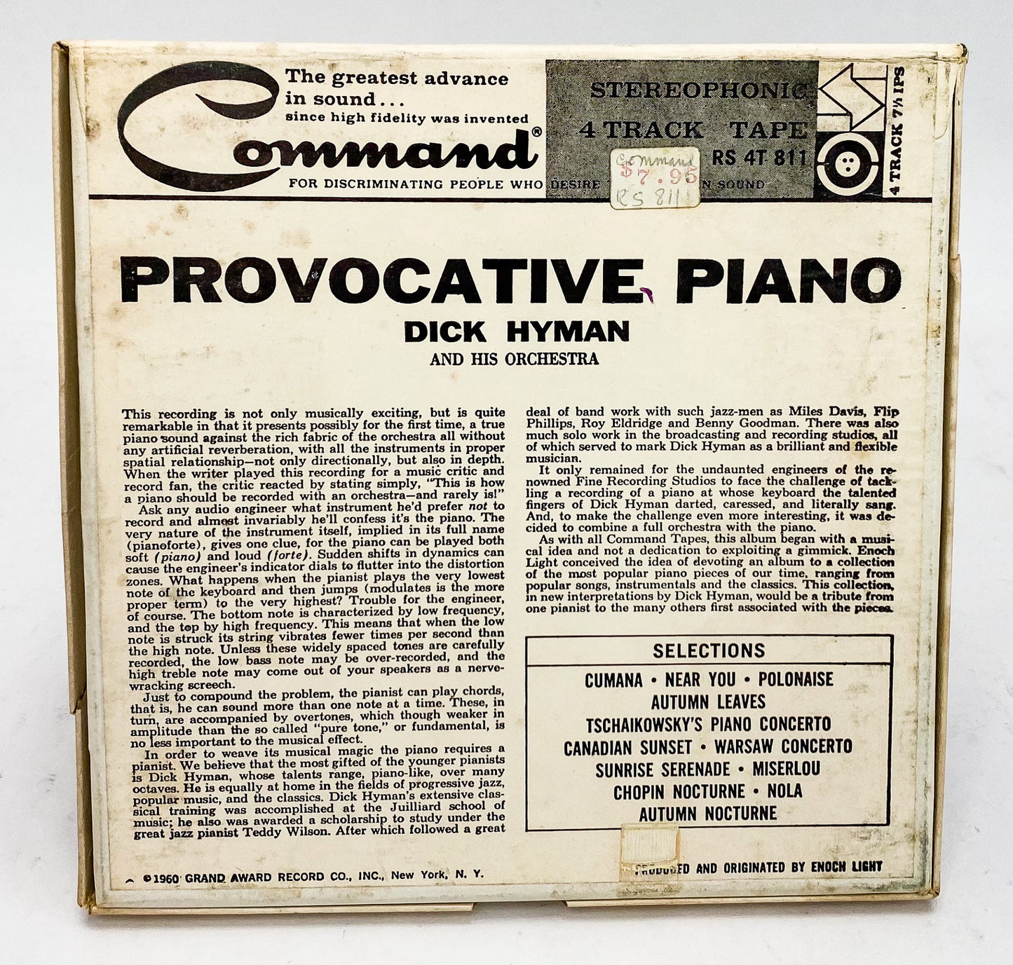 Provocative Piano Dick Hyman & His Orchestra Reel to Reel Tape 7 1/2 IPS Command