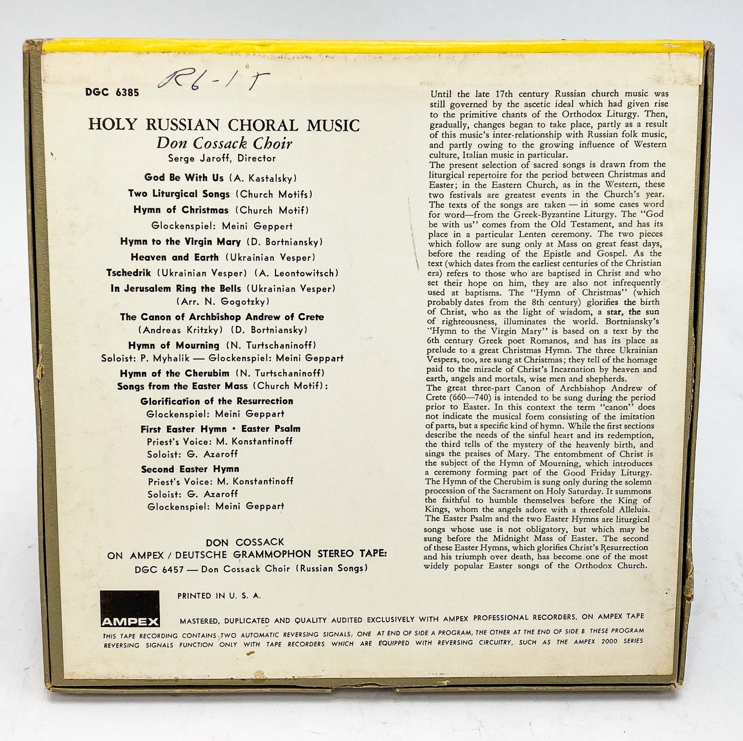 Sacred Songs By Don Cossack Choir Reel to Reel Tape 7 1/2 IPS Deutsche