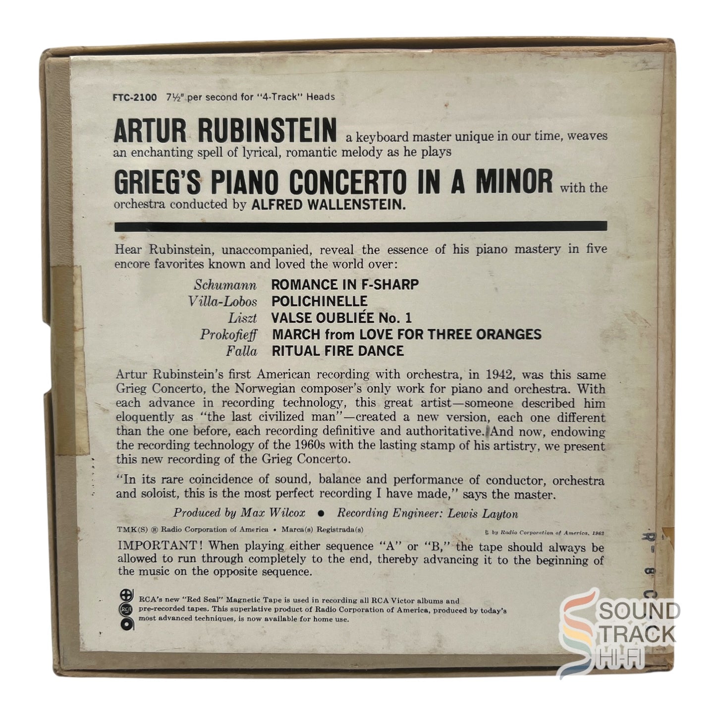 Grieg Piano Concerto Artur Rubinstein Reel to Reel Tape 7 1/2 IPS Columbia