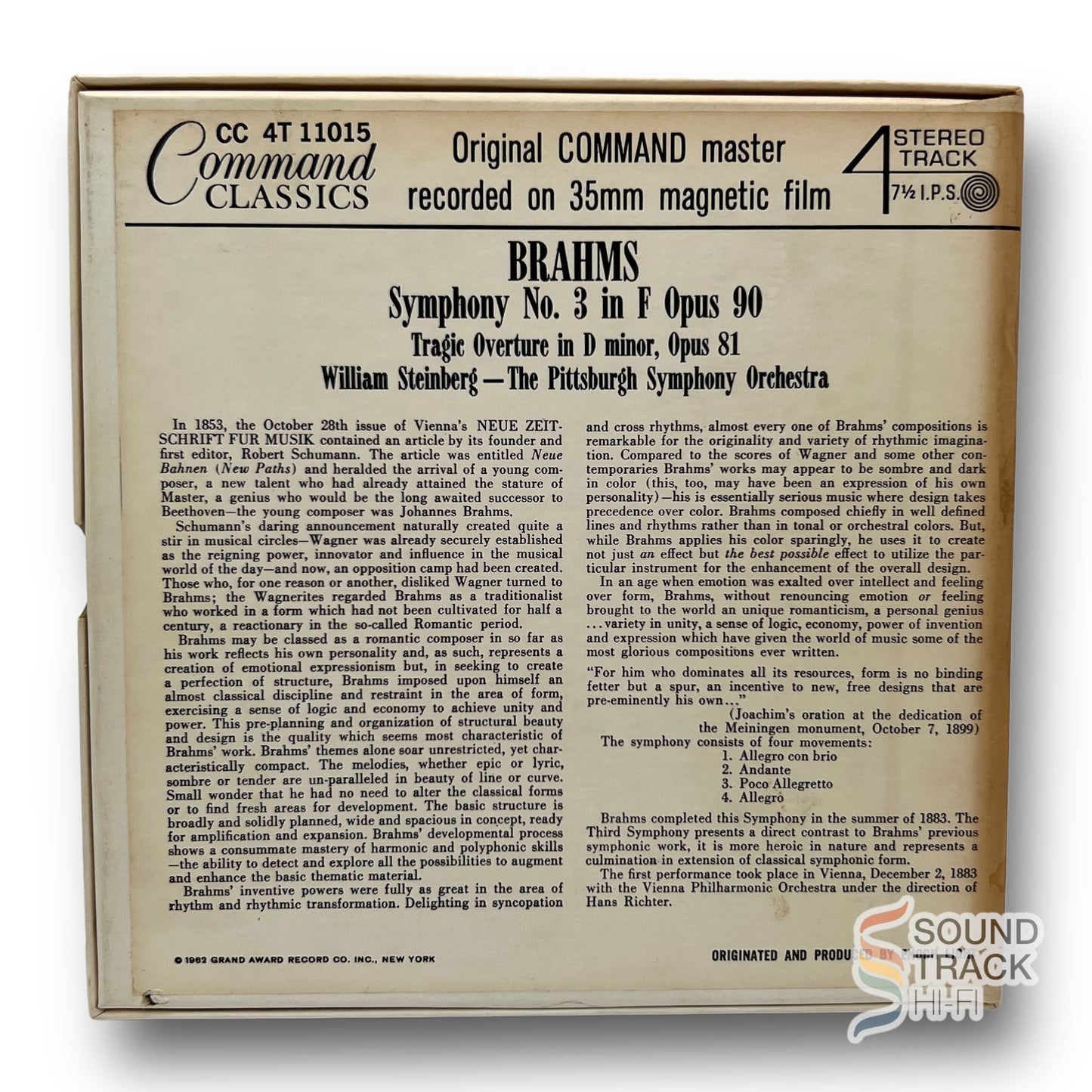 Brahms Symphony No. 3 Pittsburg Symphony Steinberg 7 1/2 IPS Reel Tape Command