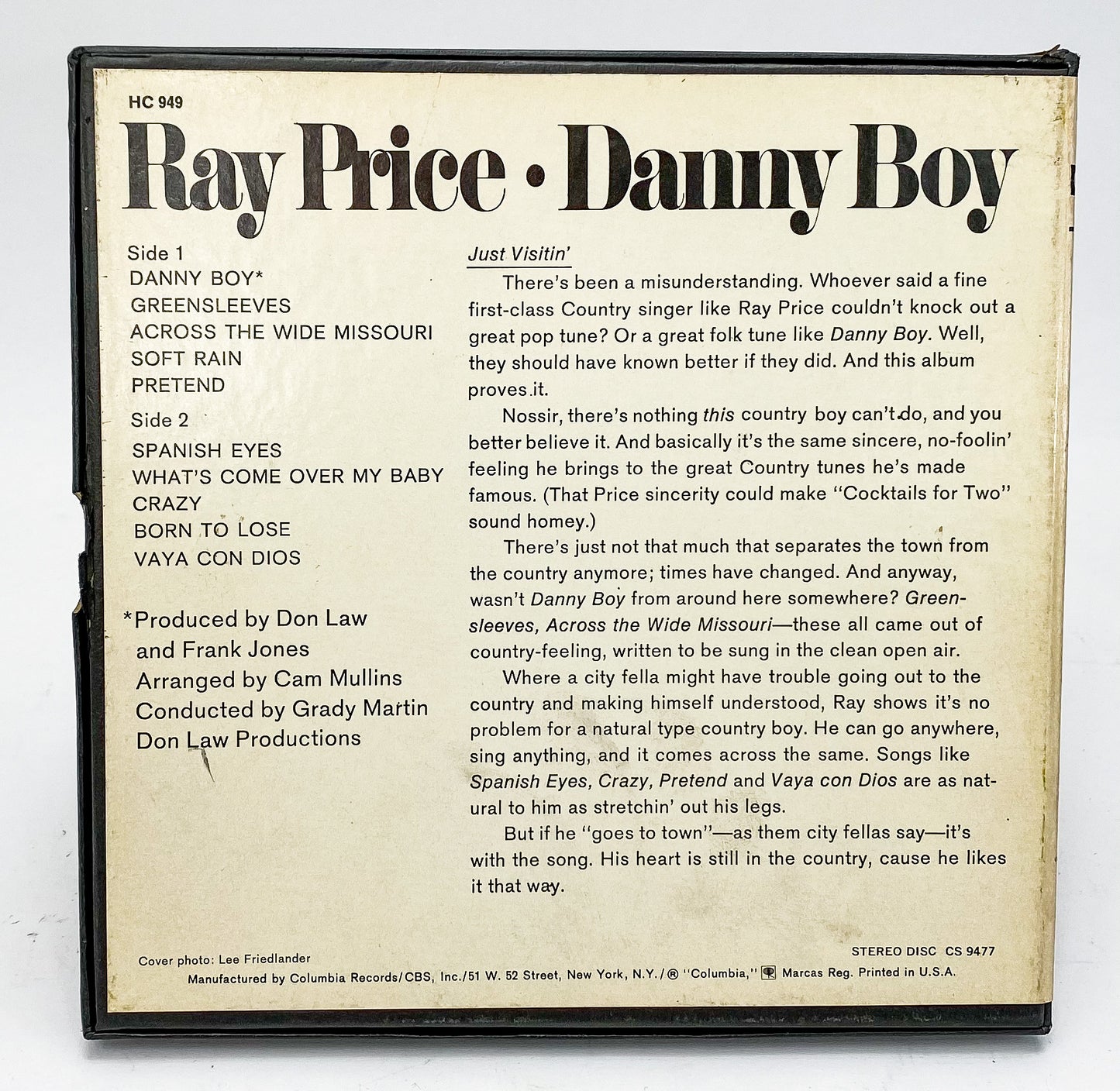 Ray Price Danny Boy Reel to Reel Tape 3 3/4 IPS Columbia