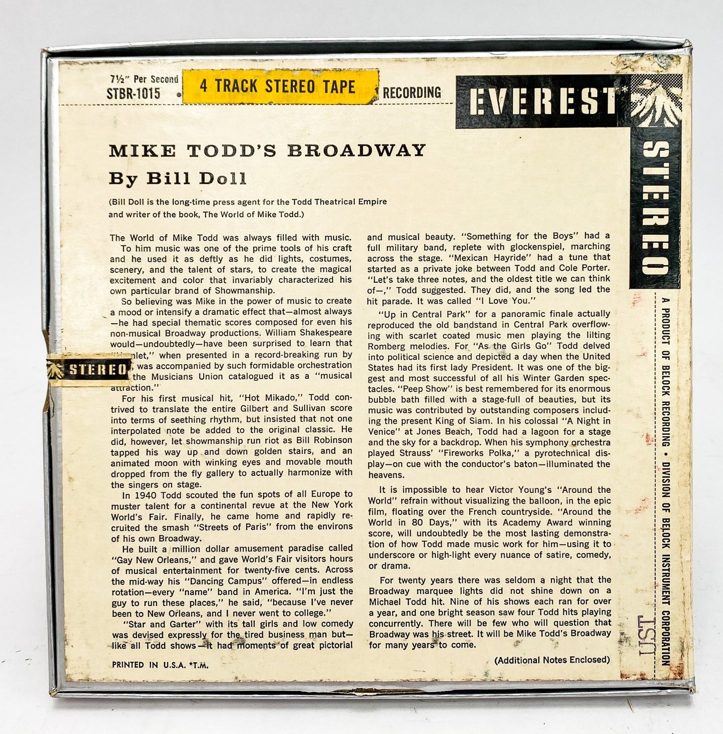 Mike Todd's Broadway Michael Todd Reel to Reel Tape 7 1/2 IPS Everest