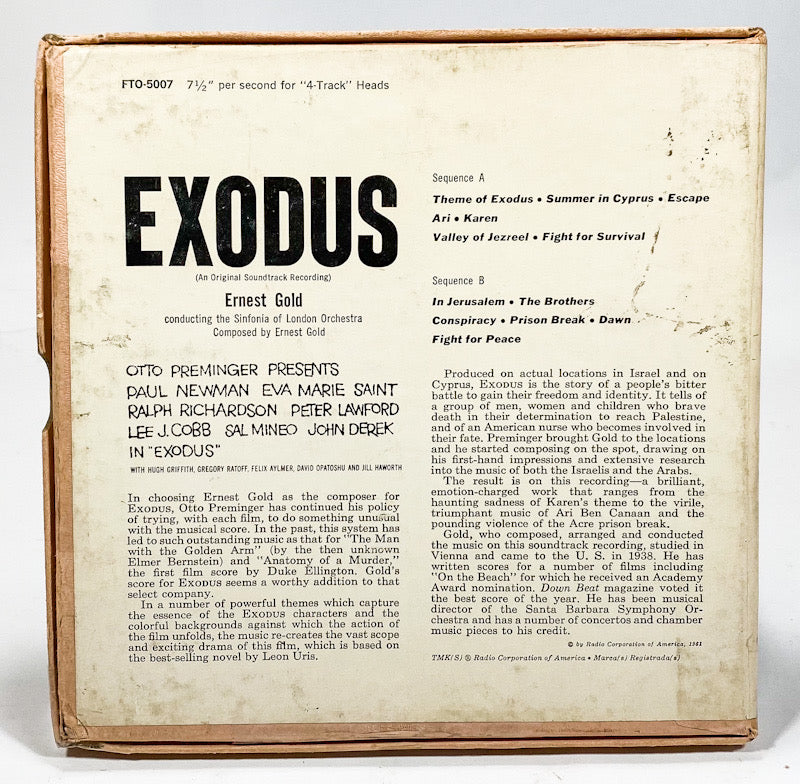 Exodus Original Soundtrack by Otto Preminger Reel to Reel Tape 7 1/2 IPS RCA