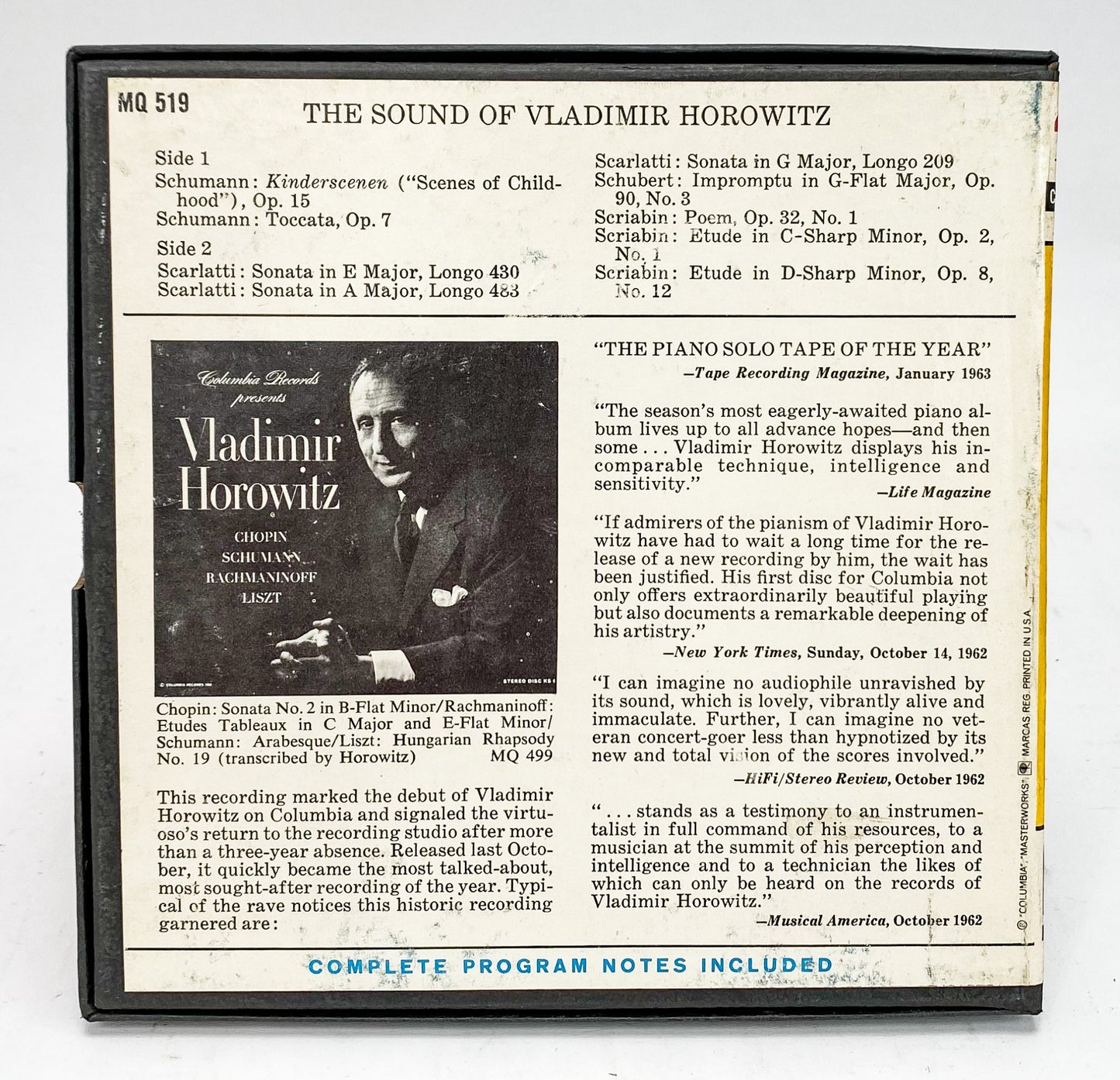 The Sound Of Horowitz Vladimir Horowitz Reel to Reel Tape 7 1/2 IPS Columbia
