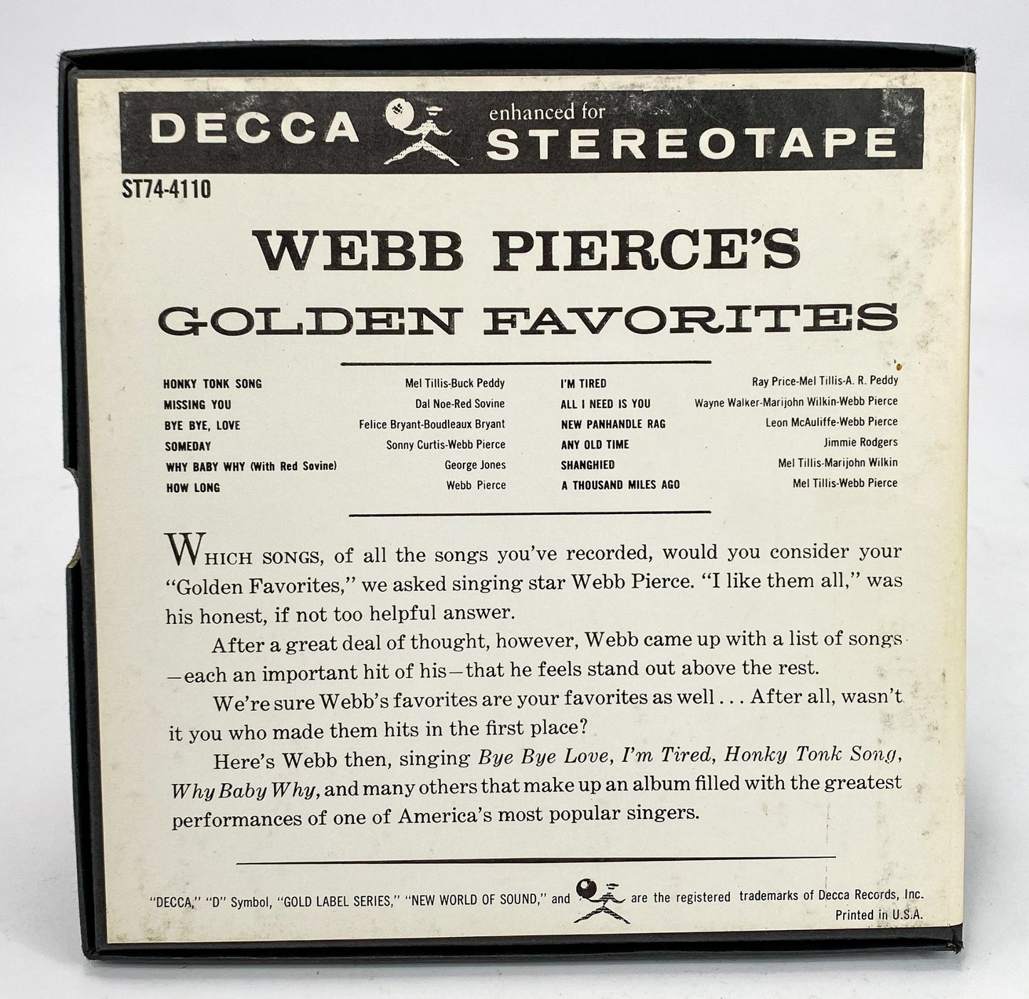 Webb Pierce Golden Favorites Reel to Reel Tape 4 Track Stereo 7 1/2 IPS