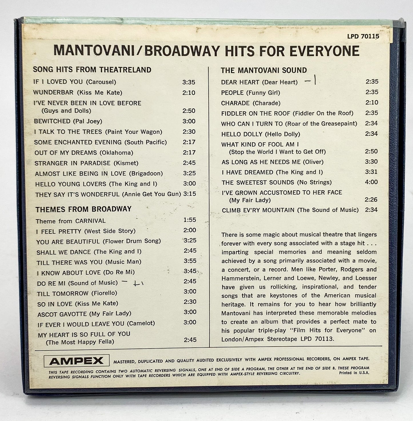 Mantovani Broadway Hits For Everyone Reel to Reel Tape 3 3/4 IPS London