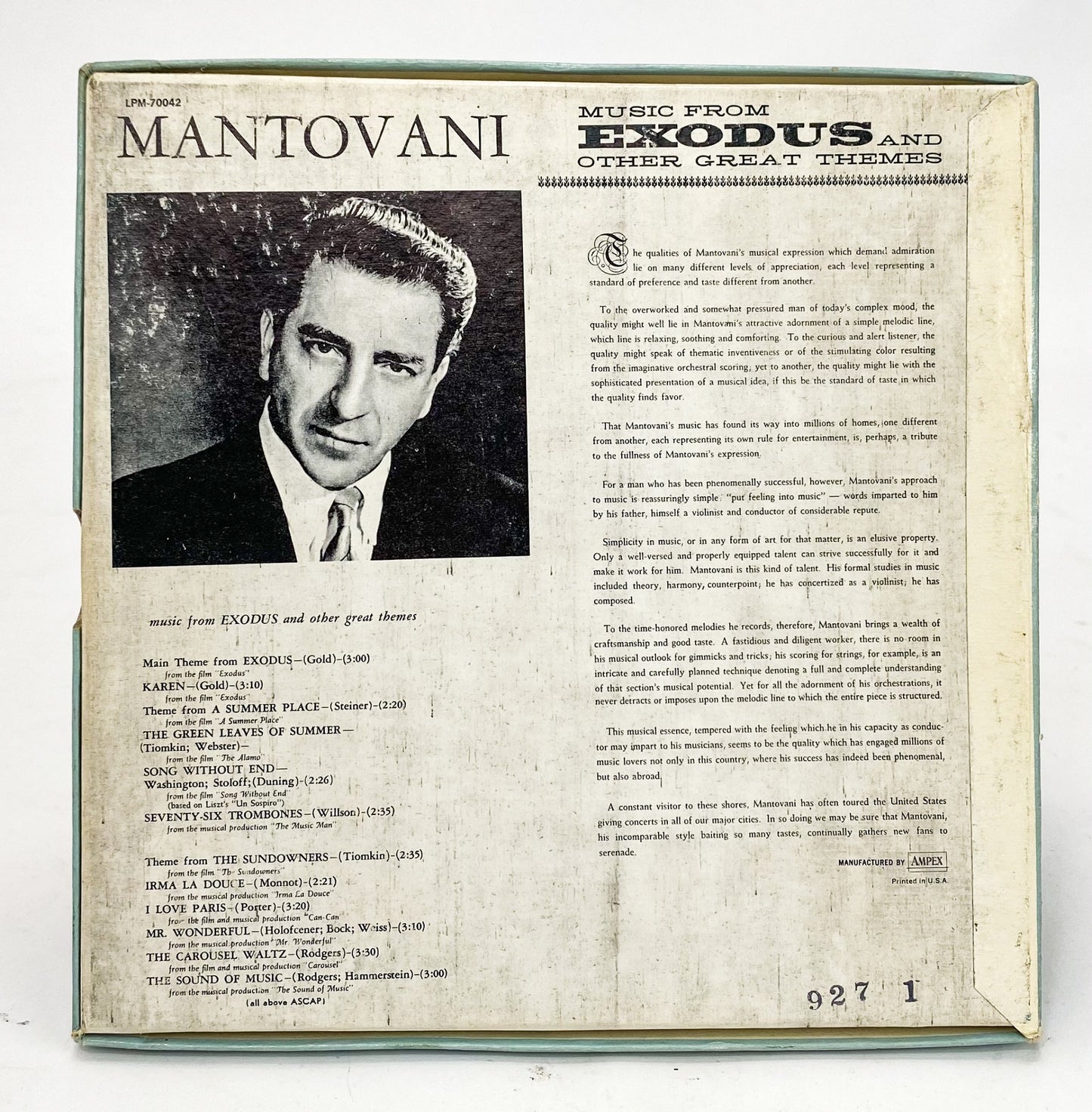 Mantovani Music From Exodus Reel to Reel Tape 4 Track 7 1/2 IPS London Ampex