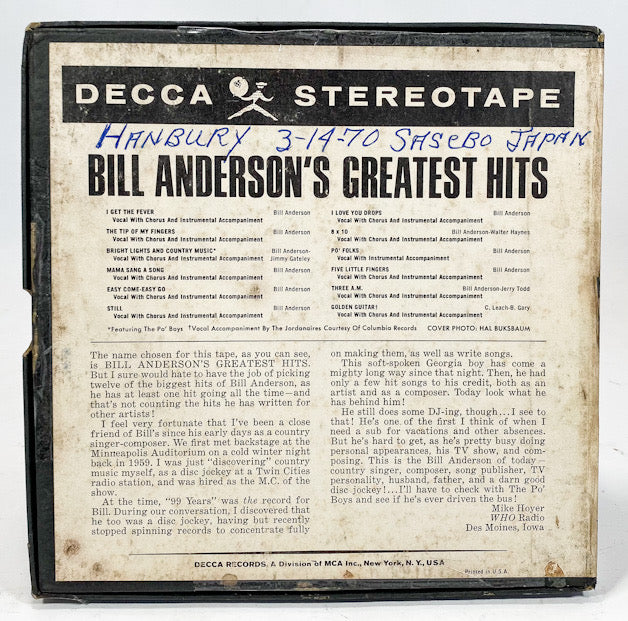 Greatest Hits by Bill Anderson Reel to Reel Tape 7 1/2 IPS Decca