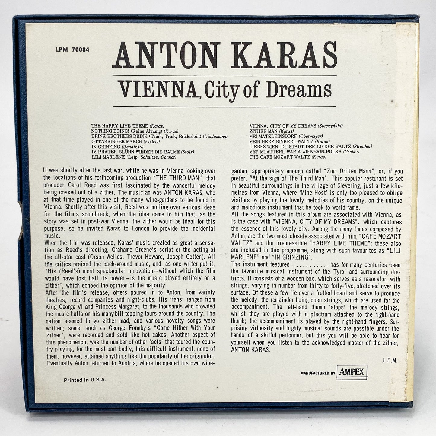 Anton Karas & Others Vienna, City Of Dreams Reel to Reel Tape 7 1/2 IPS Ampex