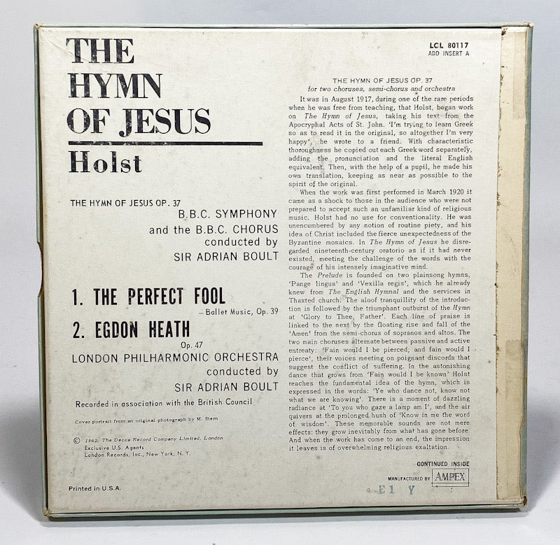 Hymn Of Jesus Gustov Holst Sir Adrian Boult Reel to Reel Tape 7 1/2 IPS London