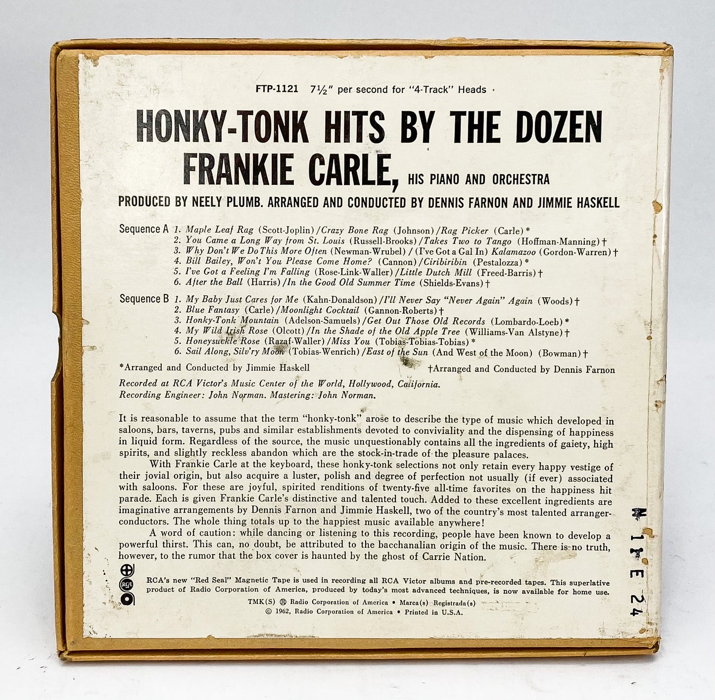 Frankie Carle Honky Tonk Hits By The Dozen Reel to Reel Tape 7 1/2 IPS Columbia