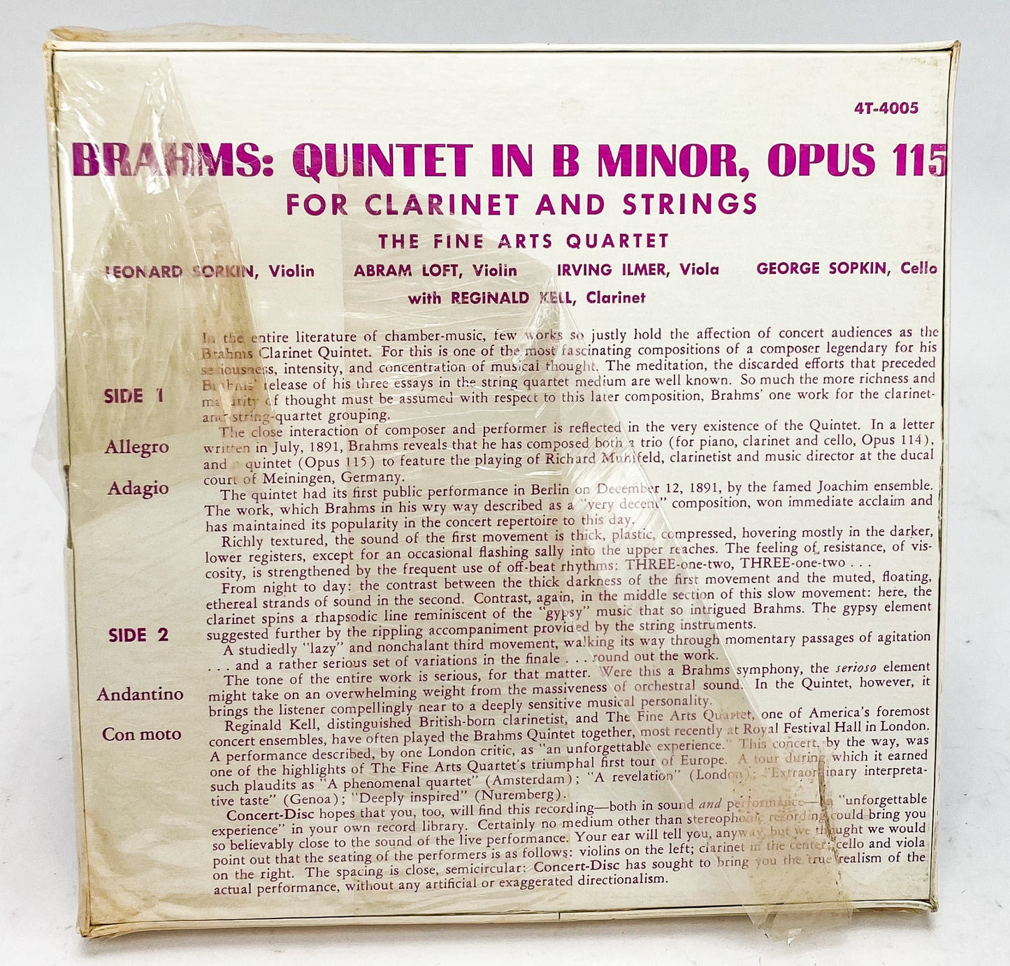 Brahms Quintet Fine Arts Quartet Reel to Reel Tape 7 1/2 IPS Concertapes New