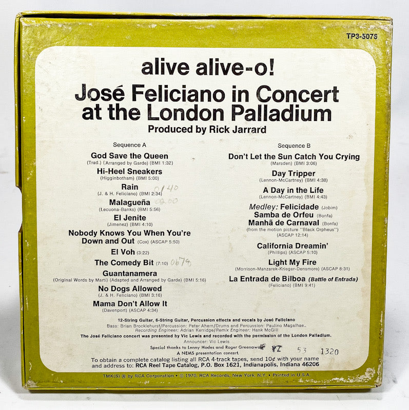 Alive Alive-O! by Jose Feliciano Reel to Reel Tape 3 3/4 IPS RCA