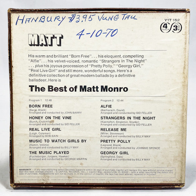 The Best Of Matt Monro by Matt Monro Reel to Reel Tape 3 3/4 IPS Capitol